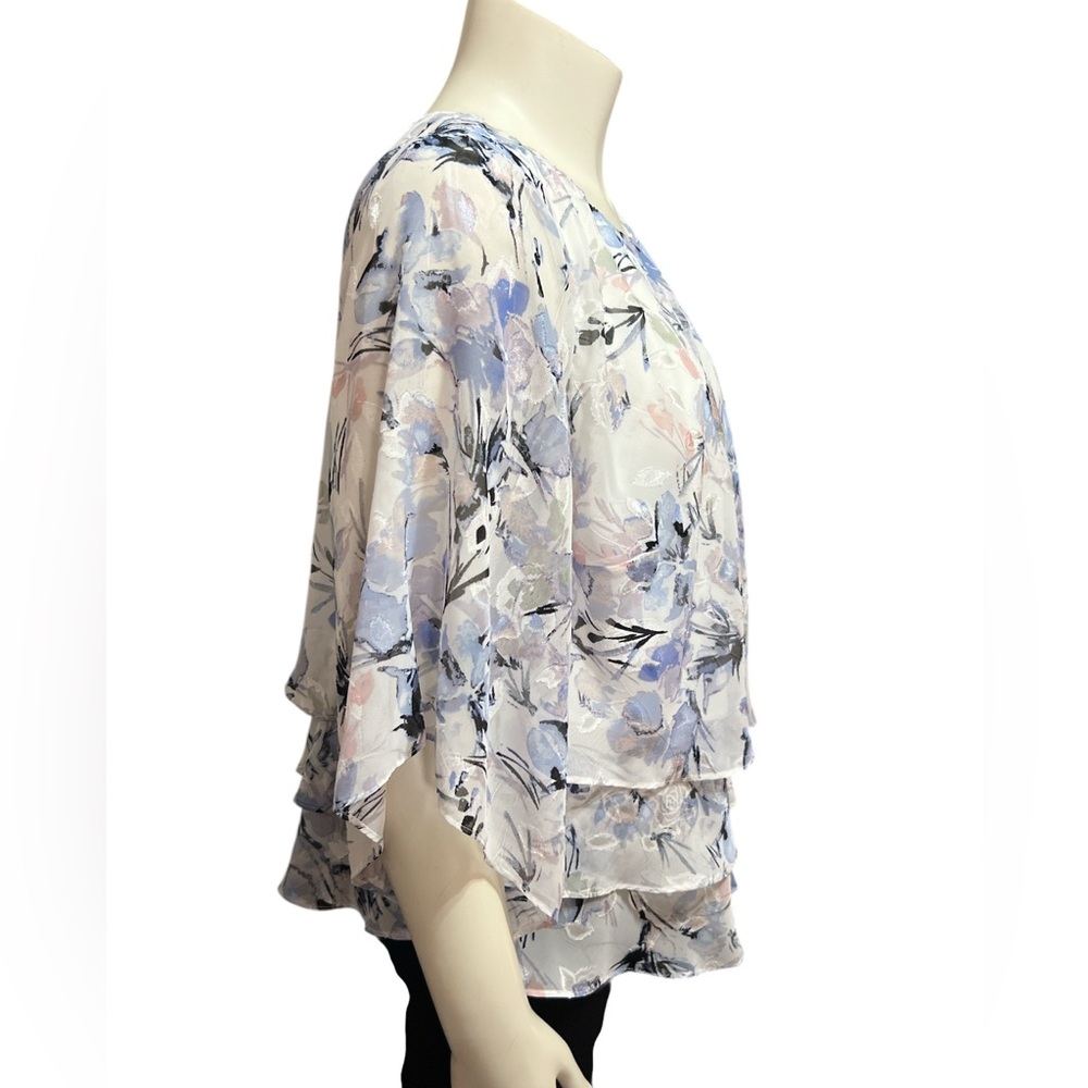 NWT Alex Evenings Size 1X 3/4 Sleeve Printed Chiffon Burnout Blouse Asymmetric - Picture 2 of 7